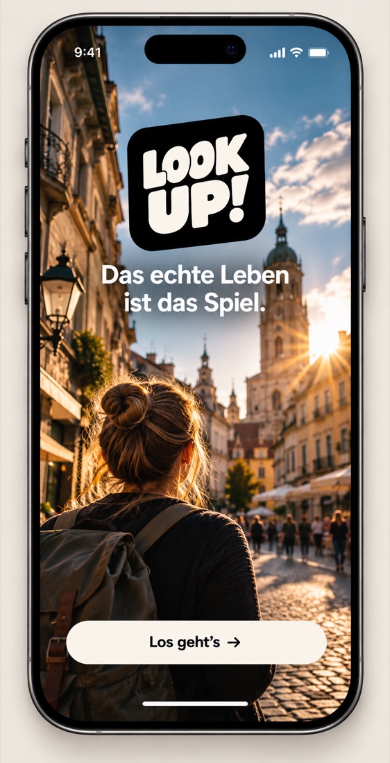 Startbildschirm der LOOK-UP!-App vor einer sonnigen Altstadt